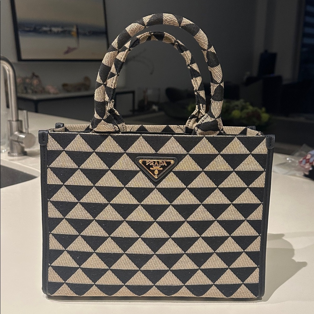 Prada Black and Tan Triangular Pattern Tote